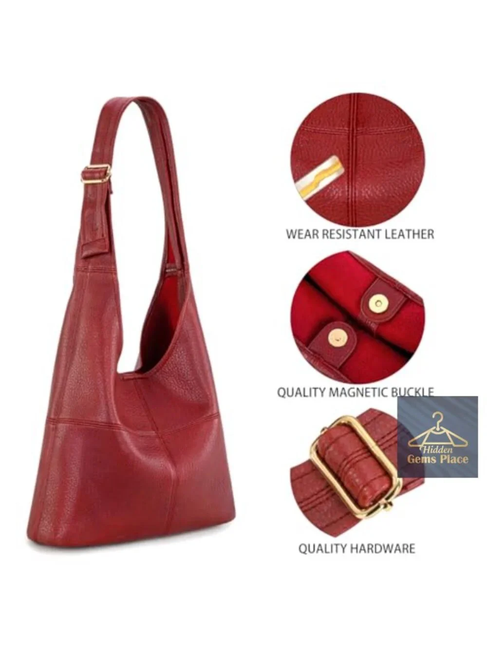 Vegan Leather Hobo Purse with Matching Wristlet, Magnetic Closure, Adjustable